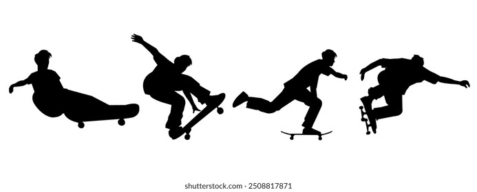 silhueta conjunto de skatistas. skate, esportes, ilustração vetorial.