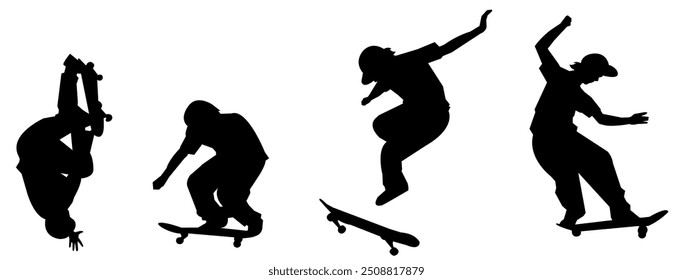 silhouette set of skateboarders. skateboarding,sports,vector illustration.