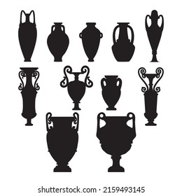 Silhouette Skizze aus Keramik Vasen. Grosses antikes griechisches, römisches Glas mit zwei Griffen und einem schmalen Hals. Vintage-Keramikamphora, Töpferwaren, Tassen schwarz einzeln auf weißem Hintergrund, Vektorgrafik