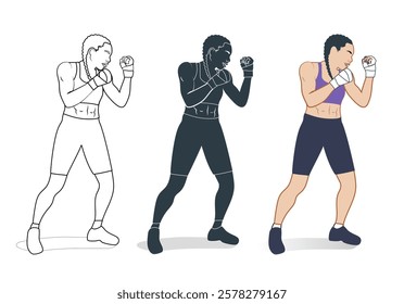 Silhouette set of a sporty kickboxing girl in sportwear. Thai boxer sportive woman wearing gloves isolated on white background, stylized woman fighter