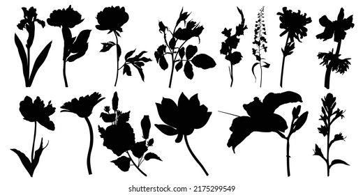 Silhouette set of spring flowers, black color, isolated on white background