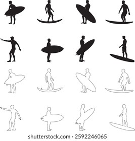 Silhouette set of Surfing icon vector art illustration, surfing shape with white background