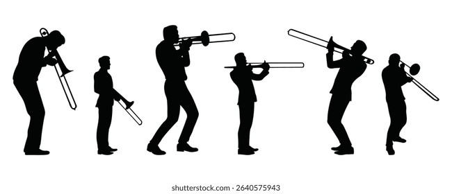 Silhouette set of trombone players. Jazz musical instrument of trombone players silhouette isolated on white background. Vector Illustration