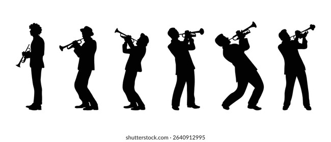 Silhouette set of trumpet players. Jazz musical instrument of trumpet players silhouette isolated on white background. Vector Illustration