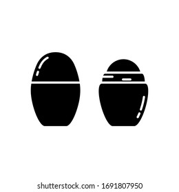 Silhouette set of two separate roll deodorant packs. Closed and open bottle without cap. Flat isolated vector emblem on white background. Outline icon of antiperspirant