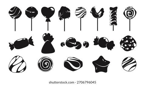 Silhouette set of various candy lollipops in monochrome style. Vector round, heart shaped and chocolate coated sweets on sticks. Confectionery, dessert and sweet design. Packaging and branding