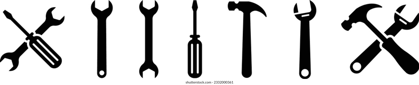 Silhouette Set of Vector Tools: Spanner, Screwdriver, Hammer, and More