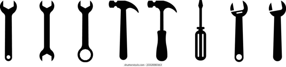 Silhouette Set of Vector Tools: Spanner, Screwdriver, Hammer, and More