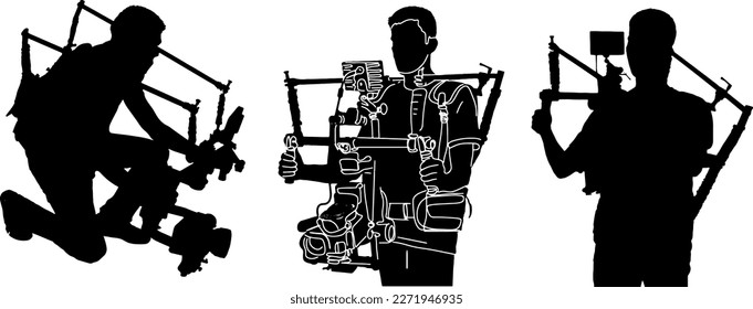 Silhouette set of Video camera man wearing Camera Gimbal Support  Shoulder Mount Camera Support Stabilization, Sketch drawing of Photographer handheld Gimbals and stabilizers