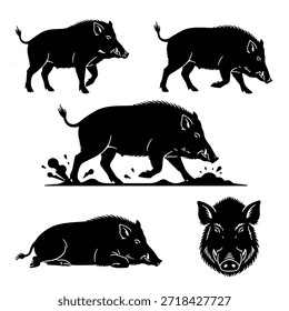 Silhouette set of wild boars and hogs running in the forest.