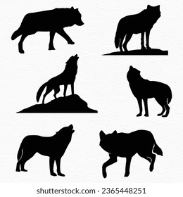 Silhouette set of wolf howling, walking, sitting on white paper textured background