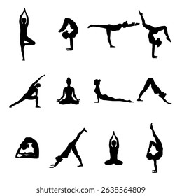 Silhouette Set of Yoga Poses for Fitness and Meditation, Black Yoga Pose Collection in Silhouette Style on White Background