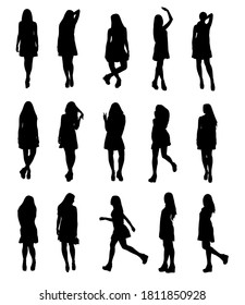 Silhouette Set Of Young Fashion Model Woman In Airy Fluttering Full Body Dress. Easy Editable Layered Vector Illustration. 