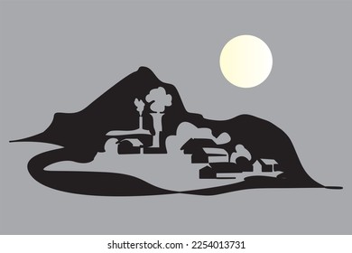 Silhouette of settlements and traditional factories in mountains under moon in firs snow. Vector illustration of houses, factories and mountains. Iconic of semi-modern community life in the mountains.
