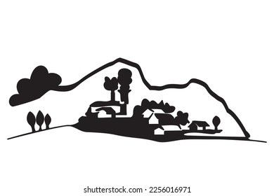 Silhouette of settlements and traditional factories in mountains in firs snow. Vector illustration of settlements houses, factories and mountains. Iconic of semi-modern community life in the mountains