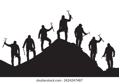 silhouette of seven climbers with ice axe in hand on top of Mount Everest silhouette, black and white mountain vector illustration logo