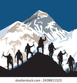 silueta de siete escaladores con hacha de hielo en la mano en la parte superior del Monte Everest silueta, ilustración vectorial de montaña logo