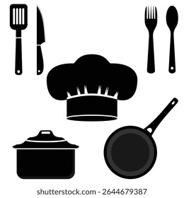 silhouette of several cooking utensils along with a chef's hat