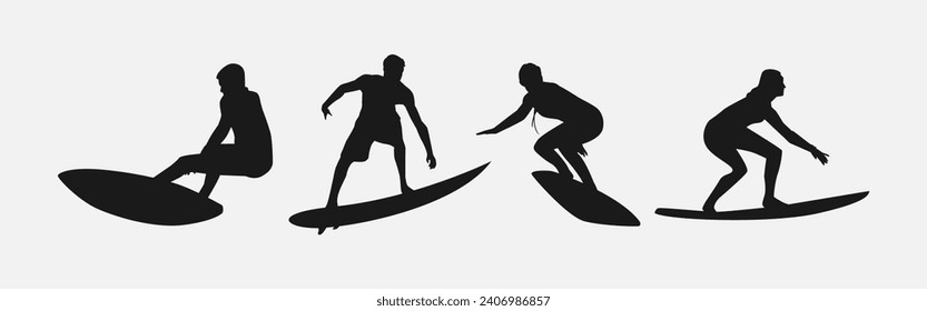 Silhouette von mehreren Surfern einzeln auf weißem Hintergrund. andere Aktion, Pose. Sport, Surfen, Hobby, Sommerthema. Vektorgrafik.