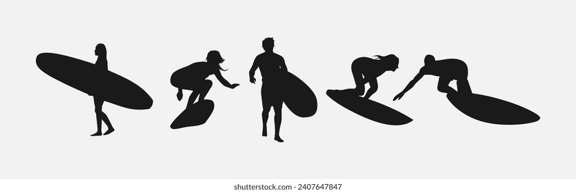 silhouette of several surfer isolated on white background. different action, pose. sport, surfing, hobby, summer theme. vector illustration.