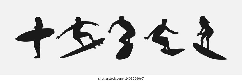 silhouette of several surfer isolated on white background. different action, pose. sport, surfing, hobby, summer theme. vector illustration.