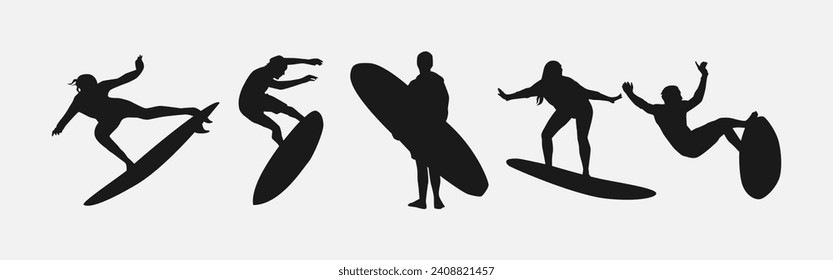 Silhouette von mehreren Surfern einzeln auf weißem Hintergrund. andere Aktion, Pose. Sport, Surfen, Hobby, Sommerthema. Vektorgrafik.