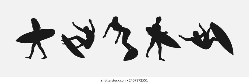 silhouette of several surfer isolated on white background. different action, pose. sport, surfing, hobby, summer theme. vector illustration.