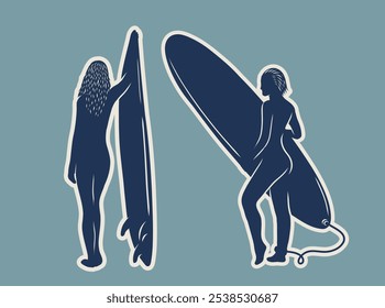 silhouette of several surfer isolated on white background. different action, pose. sport, surfing, hobby, summer theme. vector illustration.