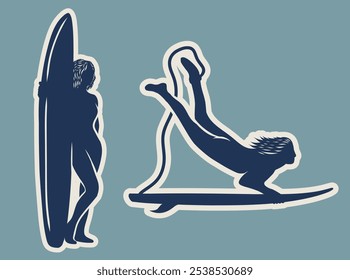 silhouette of several surfer isolated on white background. different action, pose. sport, surfing, hobby, summer theme. vector illustration.