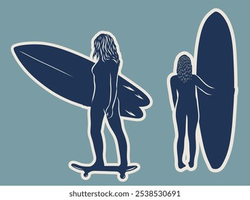 silhouette of several surfer isolated on white background. different action, pose. sport, surfing, hobby, summer theme. vector illustration.