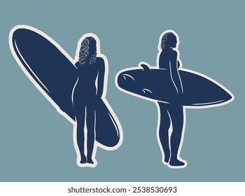 silhouette of several surfer isolated on white background. different action, pose. sport, surfing, hobby, summer theme. vector illustration.