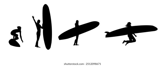 silhouette of several surfers isolated on white background. different poses. sport, surfing, summer theme. vector illustration.