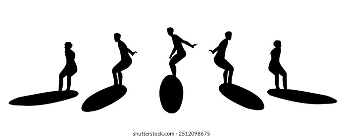 silhouette of several surfers isolated on white background. different poses. sport, surfing, summer theme. vector illustration.