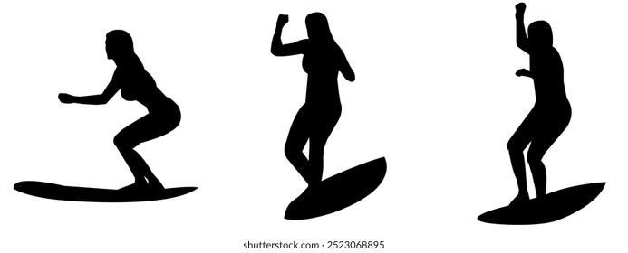 silhouette of several surfers isolated on white background. different poses. sport, surfing, summer theme. vector illustration.