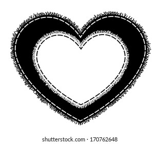 Silhouette of sewing heart with a fringe. Vector illustration. Isolated on white.