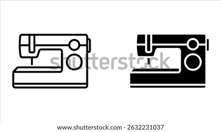 Silhouette sewing machine. Tailoring emblem. Outline industrial manufacture of clothing. Black simple illustration of electric device for fabric, cloth. Flat isolated vector icon on white background
