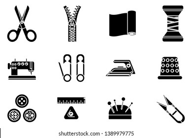 Silhouette sewing tools cloth tailoring craft sew fashion hobby flat design isolated isolated set icons vector illustration