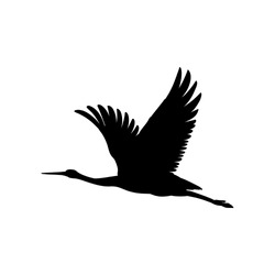 Silhouette Or Shadow Black Ink Symbol Of A Crane Bird Or Heron Flying Icon. Stork Outline Cutting Template Or Creative Background Vector Illustration Isolated On White.