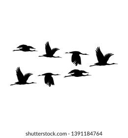 Silhouette or shadow black ink symbol of flock of crane birds or herons flying icon. Group of storks outline template or creative background vector illustration isolated on white.