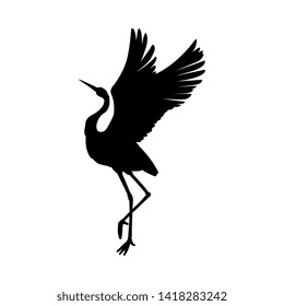 Silhouette Or Shadow Black Ink Symbol Of A Crane Bird Or Heron Standing And Dancing Icon. Stork Outline Cutting Template Or Creative Background Vector Illustration Isolated On White.