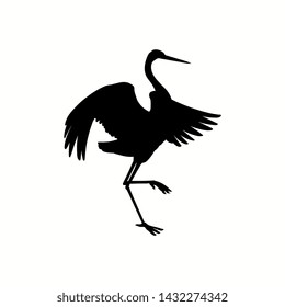 Silhouette or shadow black ink symbol of a crane bird or heron standing and dancing icon. Stork outline cutting template or creative background vector illustration isolated on white.