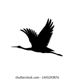 Silhouette or shadow black ink symbol of a crane bird or heron flying icon. Stork outline cutting template or creative background vector illustration isolated on white.