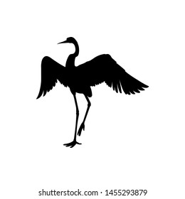 Silhouette or shadow black ink symbol of a crane bird or heron standing and dancing icon. Stork outline cutting template or creative background vector illustration isolated on white.