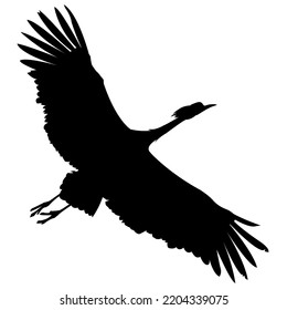 Silhouette oder Schatten-Schwarz-Tinte Symbol eines Kran-Vogel oder Heldenfliegen Symbol. Storchenkultur-Schnittvorlage oder kreative Hintergrund, Vektorgrafik einzeln auf Weiß.