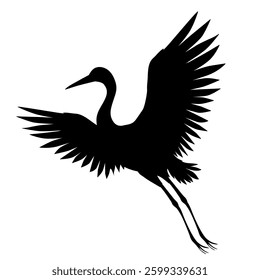 Silhouette or shadow black ink symbol of a crane bird or heron flying icon. Stork outline cutting template or creative background vector illustration isolated on white.