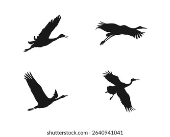 Silhouette or shadow black ink symbol of a crane bird or heron flying icon. black hand-drawn flying crane bird. Black flying crane bird silhouette.