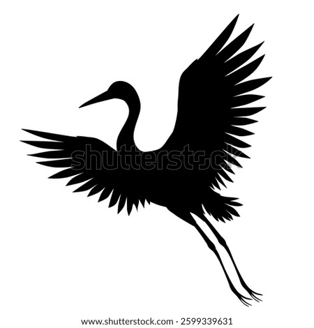 Silhouette or shadow black ink symbol of a crane bird or heron flying icon. Stork outline cutting template or creative background vector illustration isolated on white.