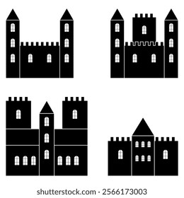 Silhouette shadow of castle. Castle with multiple towers and spires. Simple doodle black filled hand drawn vector illustration isolated on white background. Landscape of Castle with many towers