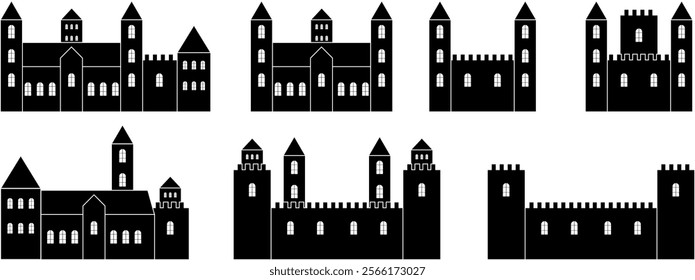 Silhouette shadow of castle. Castle with multiple towers and spires. Simple doodle black filled hand drawn vector illustration isolated on white background. Landscape of Castle with many towers