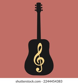 Silhouette shadow of a guitar on a pink background with a yellow note in the middle